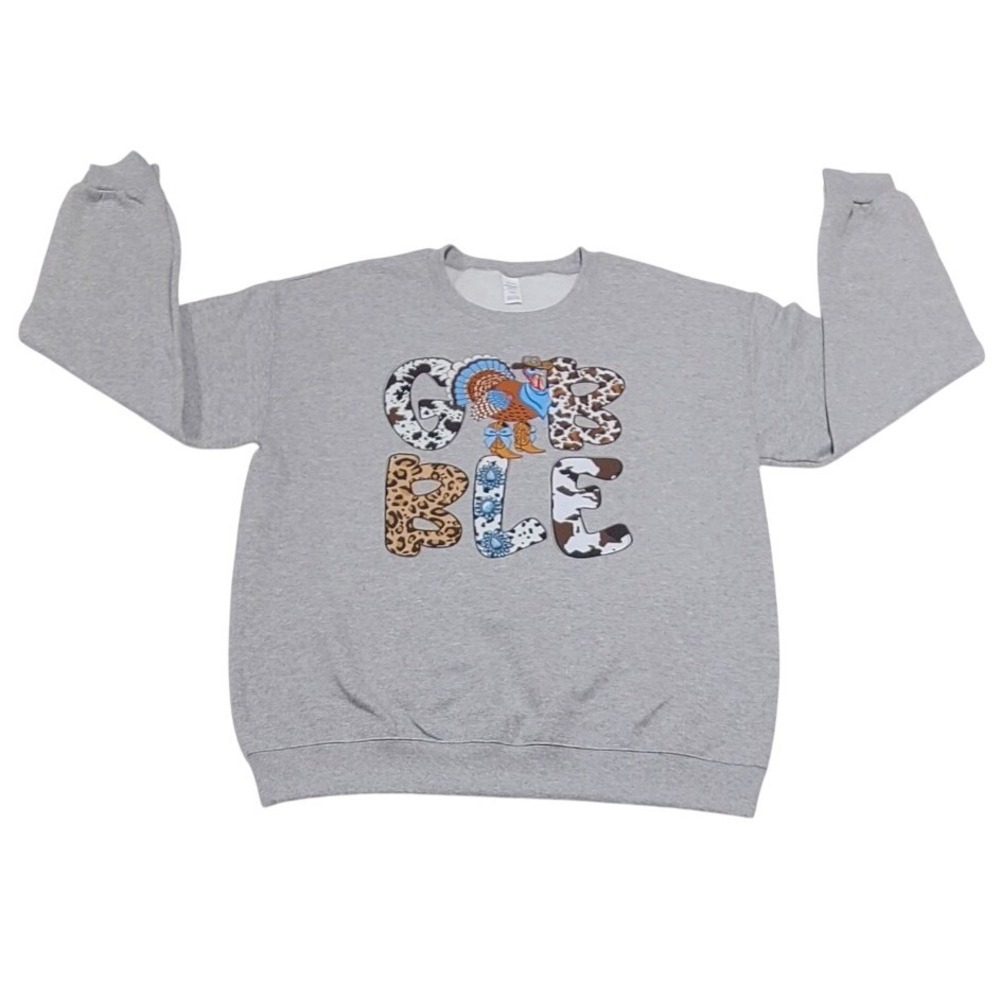 Women's Medium Grey Western Turkey Gobble Thanksgiving Sweatshirt